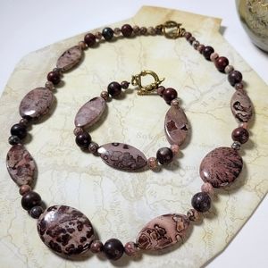 Natural purple and brown stone bead necklace and bracelet set
